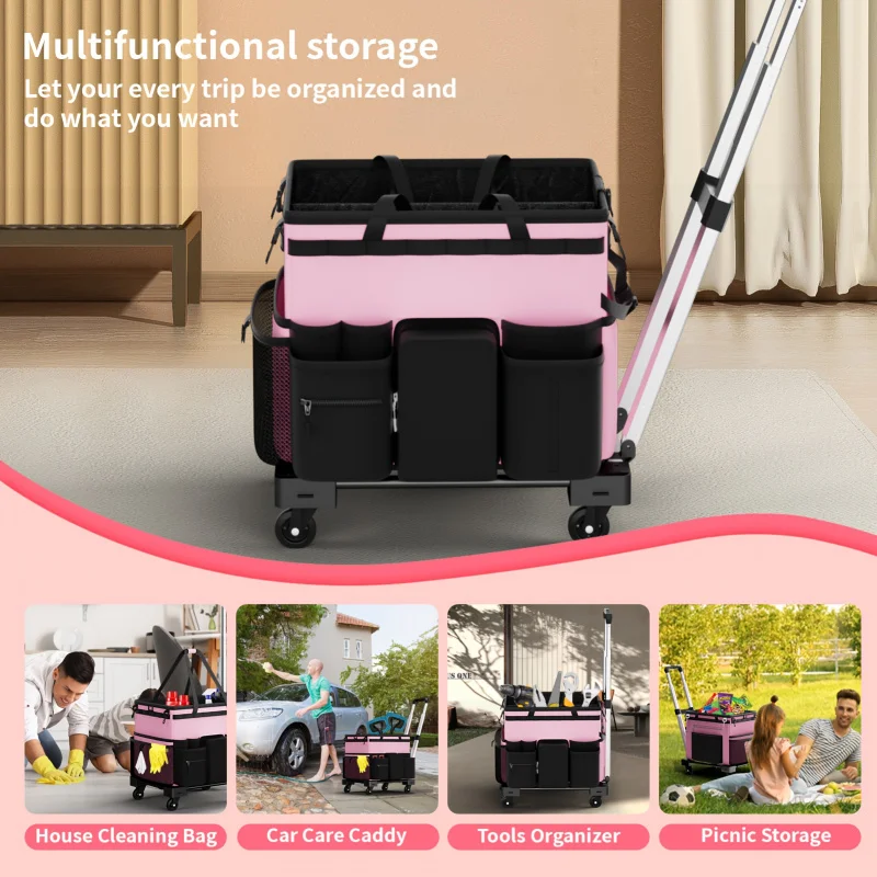 Large Rolling Cleaning Caddy Bag with Detachable Trolley, Waterproof Cleaning Caddy On Wheels for Housekeepers