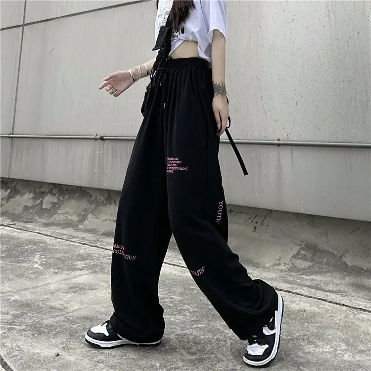 High Waist Wide Leg Pants Women's Spring Autumn Fleece Letter INS Student Thin Straight Casual Black Trousers Trendy