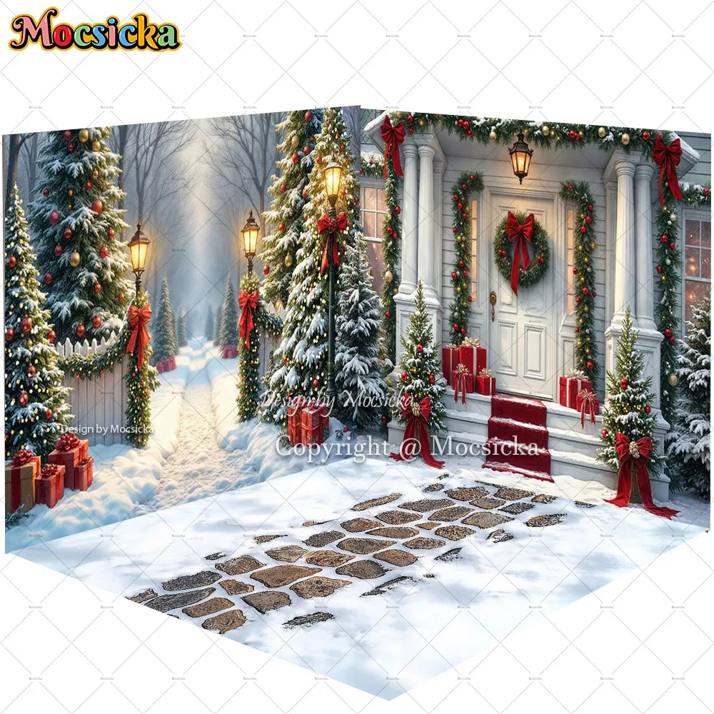 Mocsicka 메리 마법의 베란다 룸 배경 사진 눈 덮인 통로 크리스마스 트리 화환 가로등 배경 겨울 어린이 사진