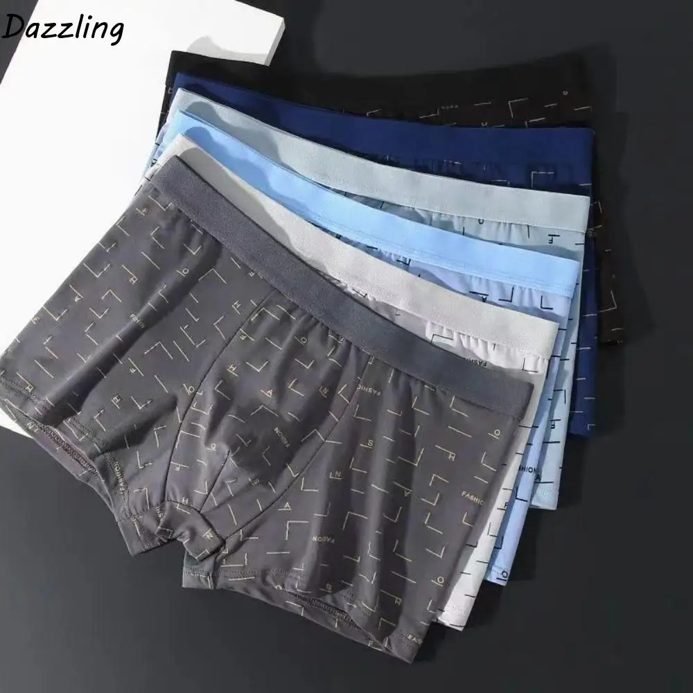 

4Pcs Stripe Letter Men's Flat Panties Mid Waist Large Size Simple Boxers Shorts Seamless Underpants Underwear for Men Male/Boys