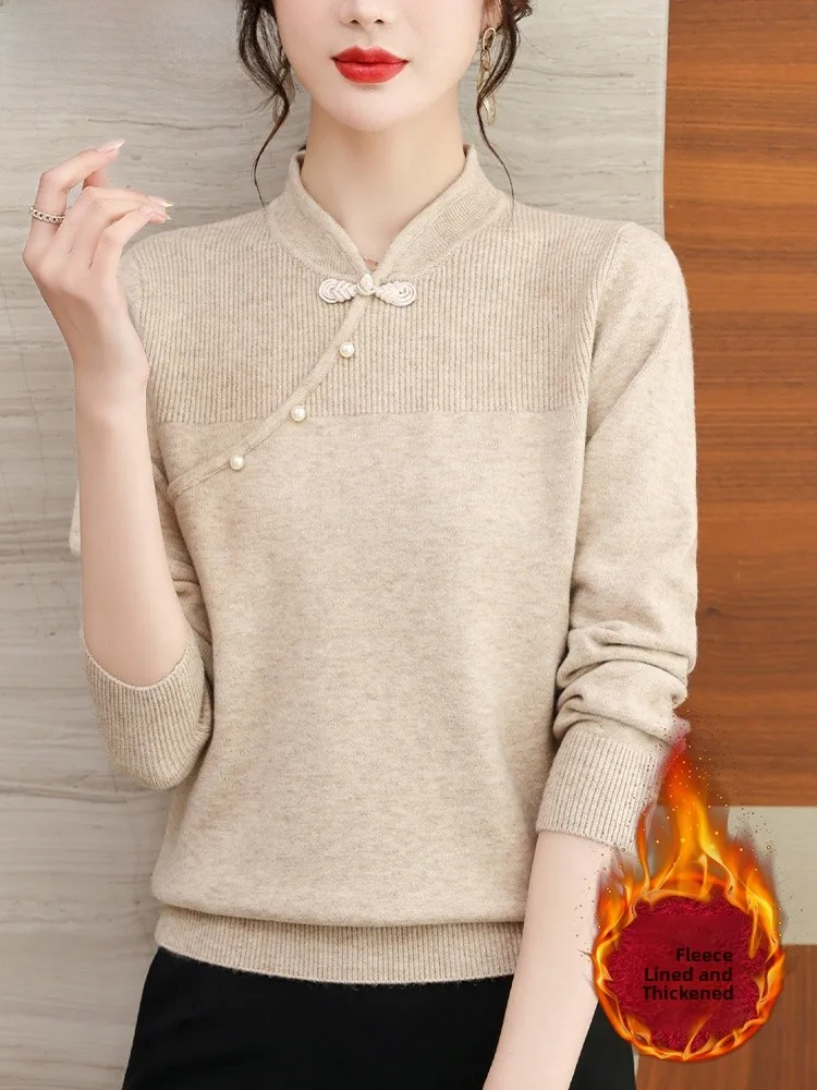 

Утепленный зимний вязаный свитер для мам среднего возраста, модный свободный крой, однотонный, с коротким рукавом, базовый слой