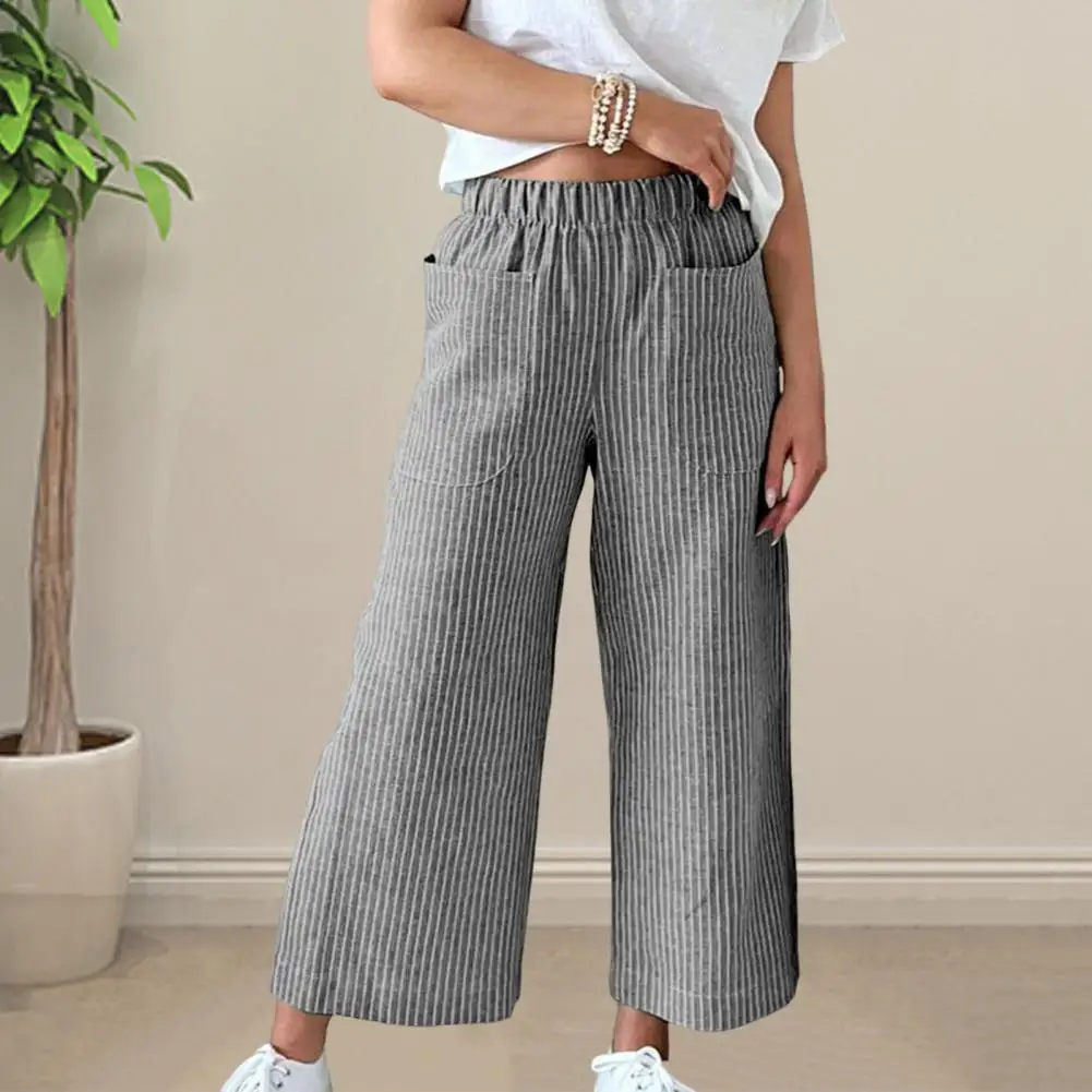 

High Waist Big Pockets Long Pants Vertical Striped Women Pants Straight Wide Leg Loose Casual Trousers Lady Slacks Workwear