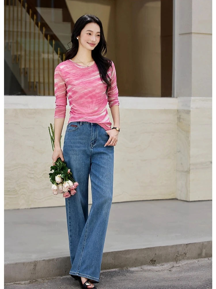 VIMLY Women's Long Sleeve Gradient T-shirts 2026 New Autumn Crew Neck Gauze Slim-fit Tees Elegant Crop Meme Tops Ladies A2210