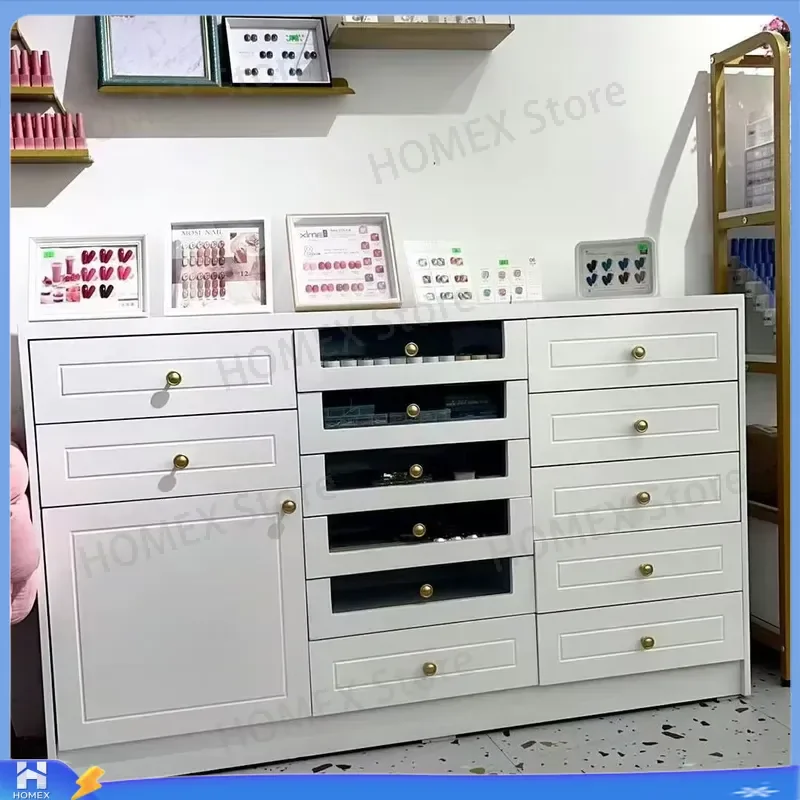 White Nordic Nail Salon Display Cabinet Floor Standing Storage Unit with Drawers for Nail Polish Gel Lacquer Organizer Locker