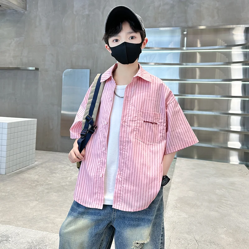 Stylish Kids Boy Shorts Sleeve Summer Pink Shirt Age 5 6 7 8 9 10 11 12 13 14 Years Child Vertical Stripe Blouse Shirt Outfit