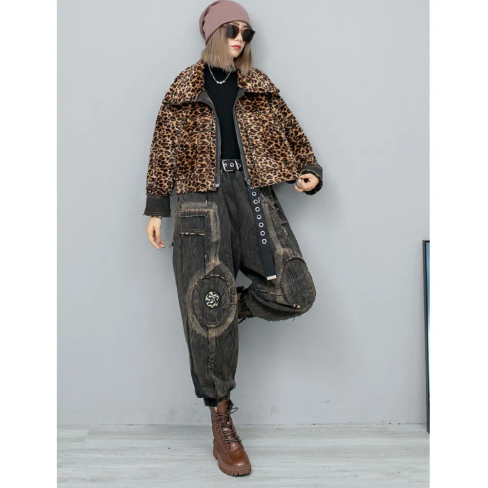 Personalized Trendy Denim Patchwork Leopard Print Double-sided Thick Jacket + Long Pants Two-piece Set Women 2024 Winter LX2481