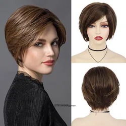 Brown Hair Wig for Women Synthetic Short Wig with Bangs Side Parting Daily Natural Ladies Wigs Casual Party Cosplay Halloween