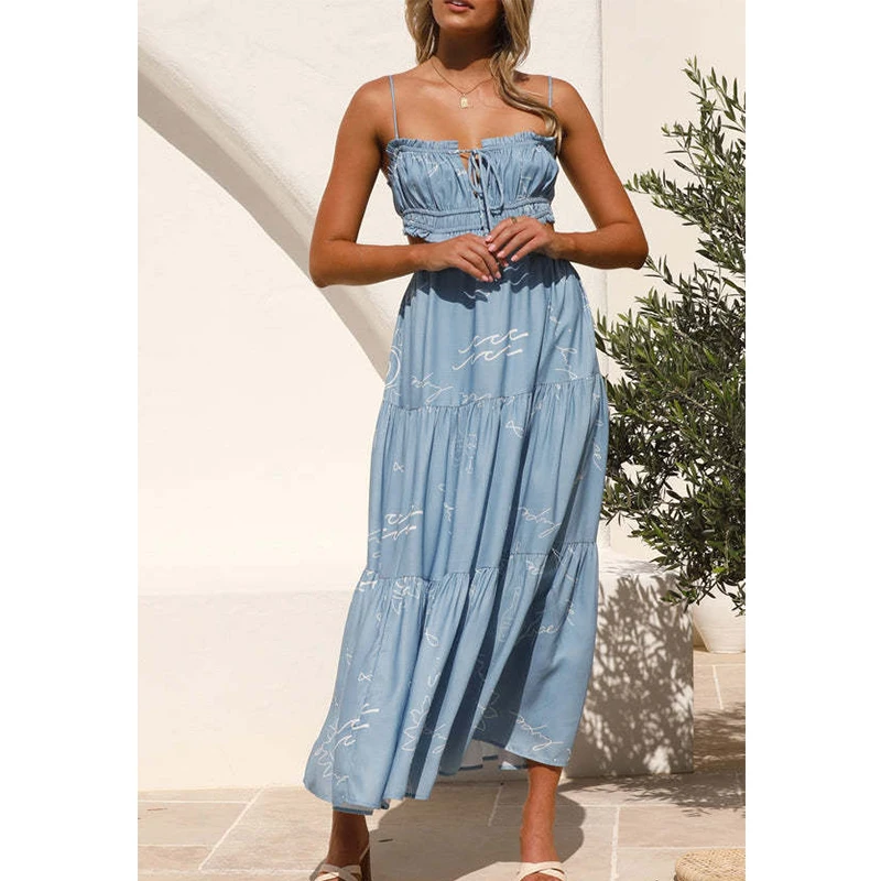 

Print Sweet Women's Summer Long Dress Sexy Hollow V Neck Sleeveless Evening Sundress Elegant Holiday Backless Maxi Dresses