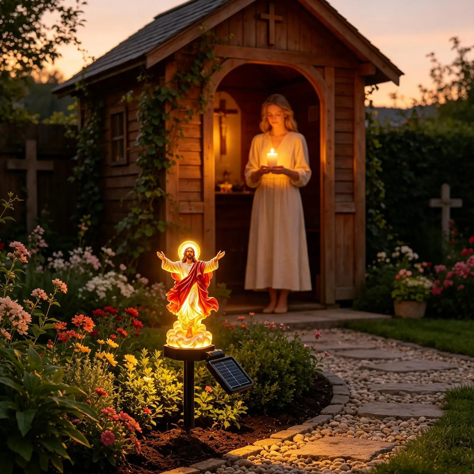 Jesus Solar Lighted Figurine Resin Religious LED Sculpture With Stake Resin Christian Figurine With LED Light For Yard Patio