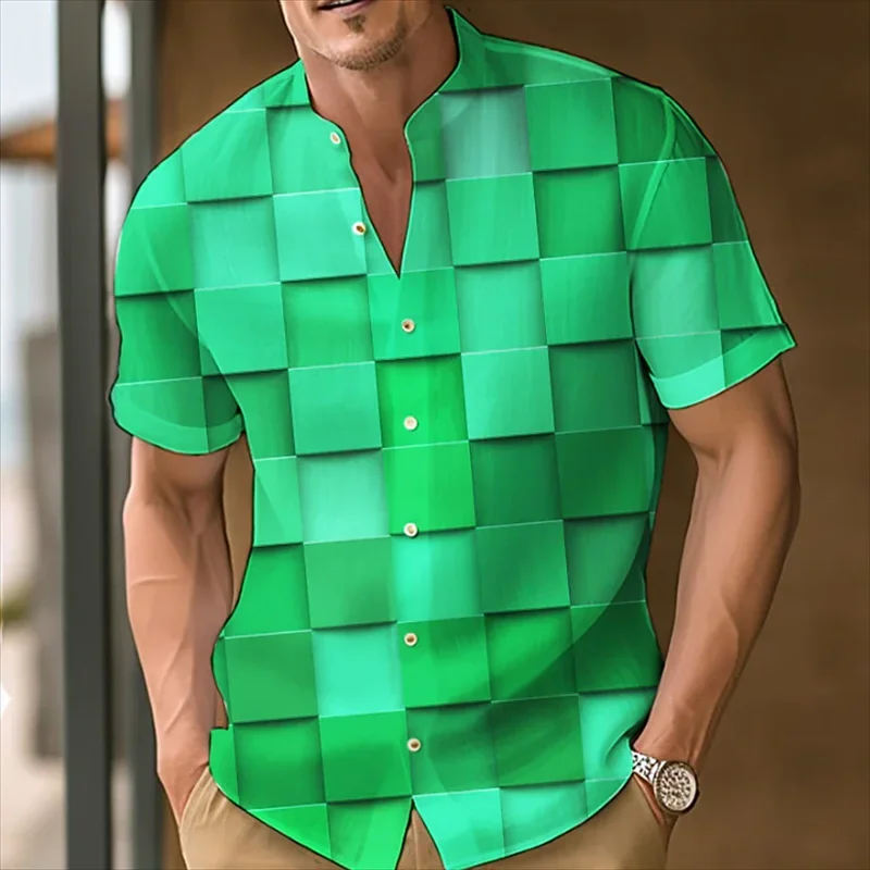 Camisa con estampado 3D a cuadros para hombre, camisa con botones y cuello levantado, ropa de manga corta de gran tamaño, diseñador de moda, comodidad informal