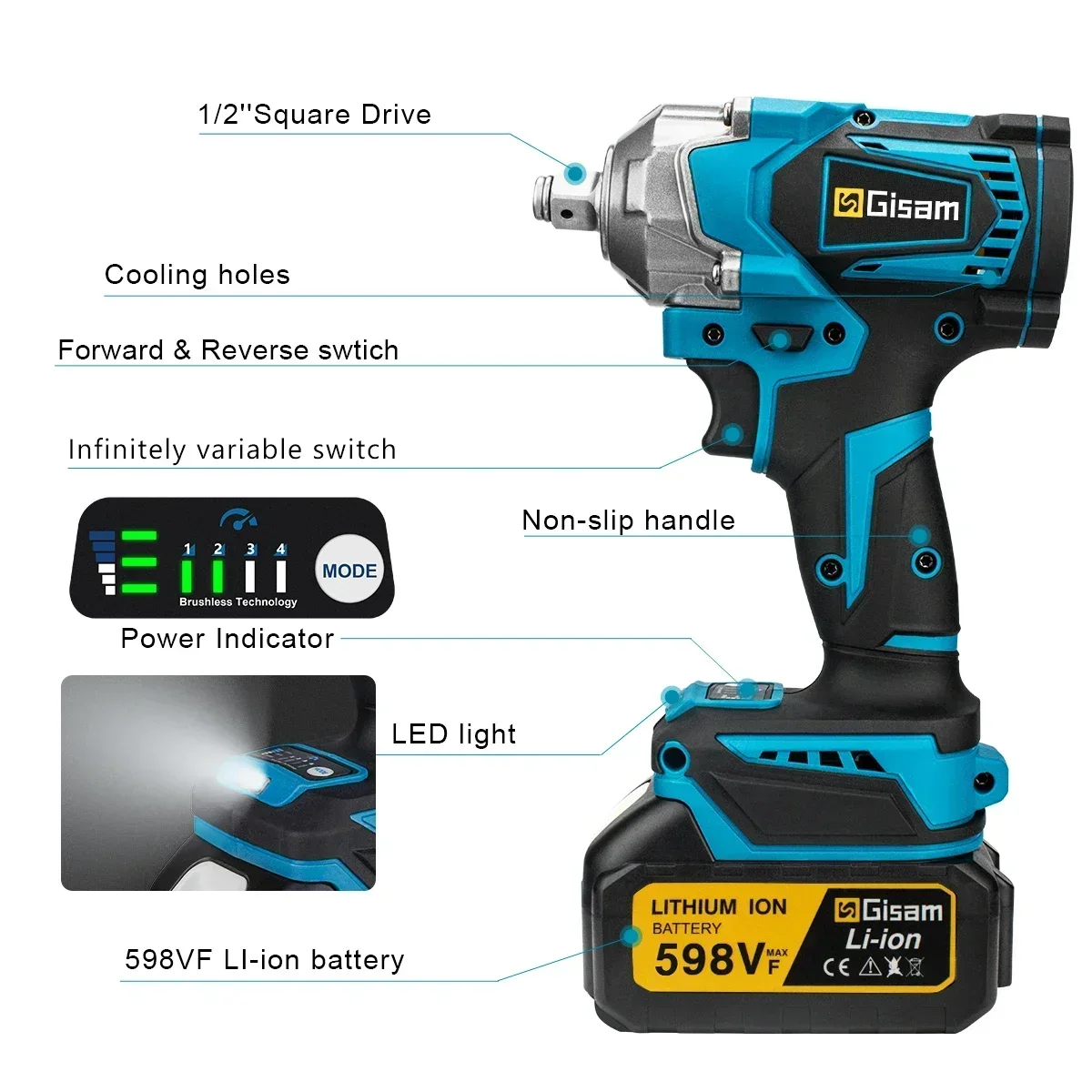 Gisam 1200NM Brushless Electric Impact Wrench 1/2 inch High Torque Cordless Electric Wrench Tools For Makita 18V Battery Pin