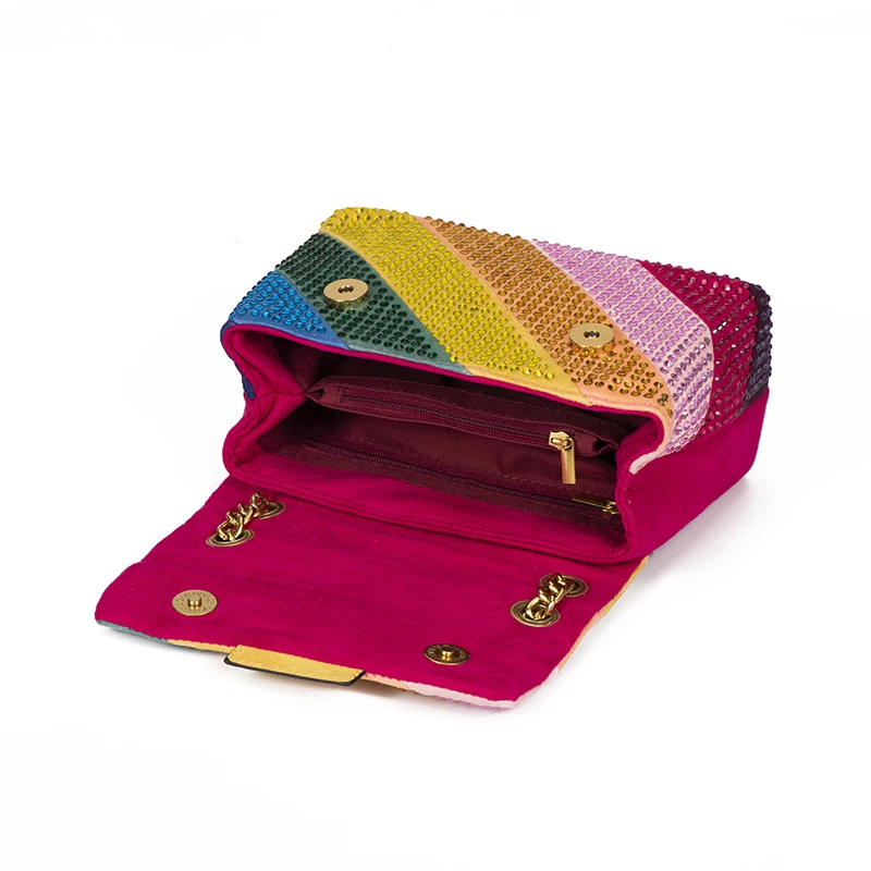 Luxury Design Fabic Women Bag Crystal Embellishment Quilting Pattern Rainbow Patchwork Icon Metal Logo Jointing Purse