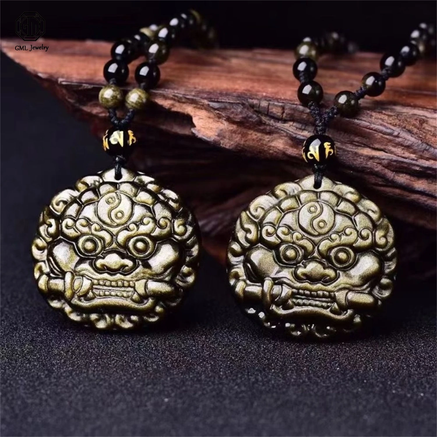 Natural Real Gold Sheen Obsidian Carved Yazi Dragon Pendant Feng Shui Wealth Protection Amulet Necklace for Men Women Lucky