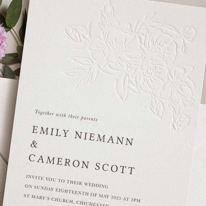 

30pcs Letterpress Wedding Invitations,Blind Embossed Wedding Cards,450gsm Handmade Paper,Floral Design Letterpress Embossing