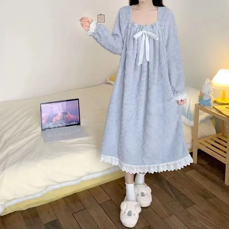 Fleece Women Nightgown Korean Lace Sleepwear Bow Winter Night Dress One Piece Pajamas Solid Warm Knee Length Home Wear 2024 New