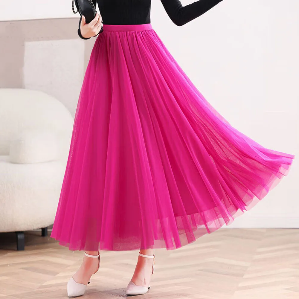 75 cm/80 cm/85 cm/90 cm/95 cm/100 cm longueur de jupe femmes coréen Simple solide une ligne taille haute grand ourlet longue jupe en Tulle