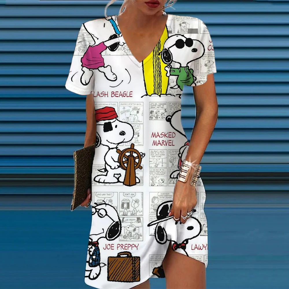 

Summer 3D Print Clothing Cartoon Women's Beach Dress Cute Sexy Beach Cool Top Disney Snoopy A-line V-neck Dresses For Woman