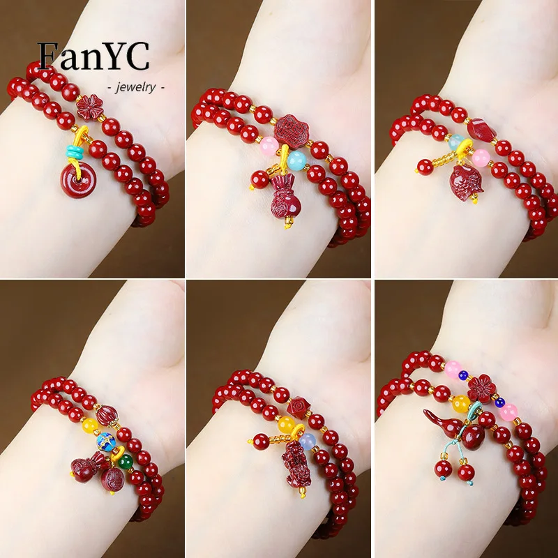 Natural Cinnabar Hand Beaded Multi-circle Hand String High Content Purple Gold Sand Bracelet Personality Simple Mascot Necklace