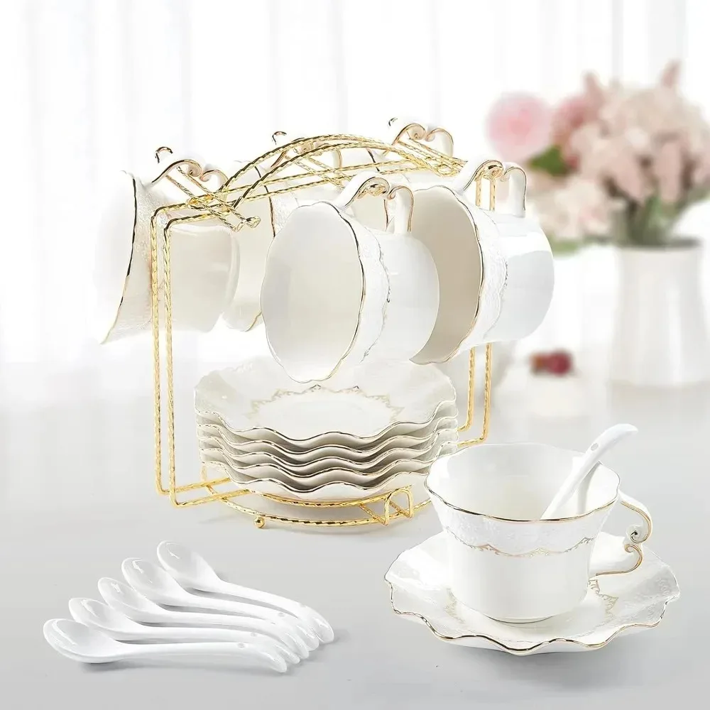 Gold Trim Teacups and Saucers Tea Set White Luxury Embossed Printed Coffee Mug With Metal Stand Coffeeware Teaware Tools Kitchen