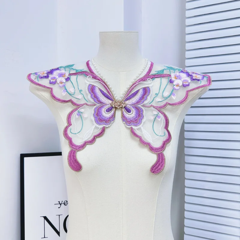 Purple Embroidery Buttoned Cloud Shoulders Fake Collar Butterfly Mesh Beaded Tassel Detachable Collars Adult Collar Decoration