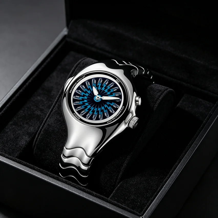 Men Unique Curved Silver Quartz Watch Red Lightning Dial Fashion Wave Metal Strap Sport Wristwatch Male Business Waterproof Watc