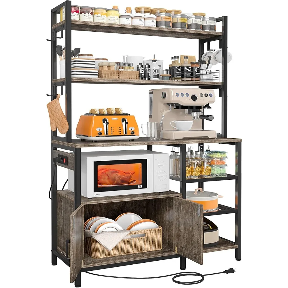 

Bakers Rack with Storage Cabinet Coffee Bar Cabinet Bakers Rack with Power Outlet Microwave Stand with Storage for Kitchen, Spac
