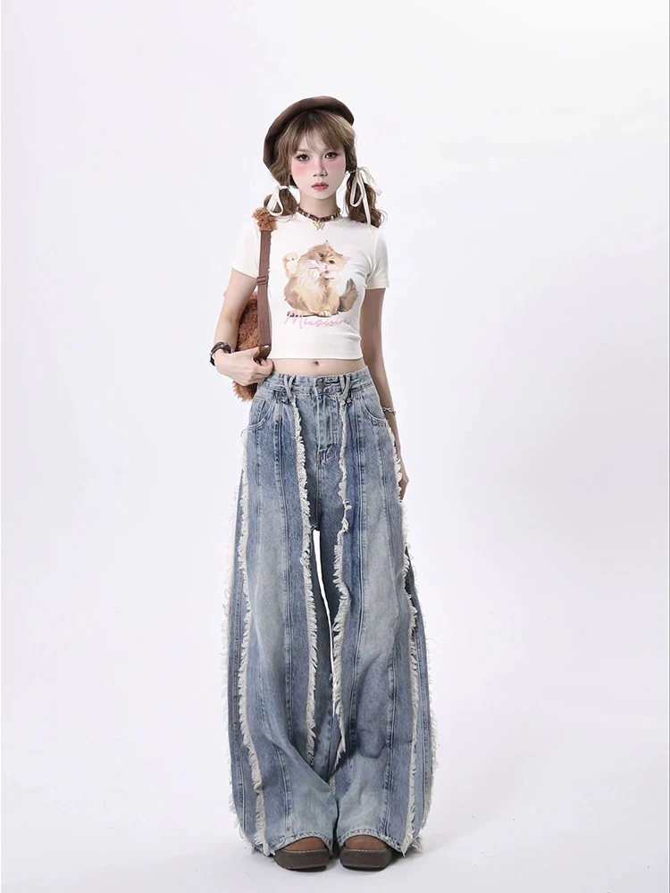 Celana Jeans Wanita High Waist Wide Leg Longgar Kasual Biru Muda Model Sobek Desain Pinggang Tinggi Rumbai Musim Gugur 2025 Terbaru