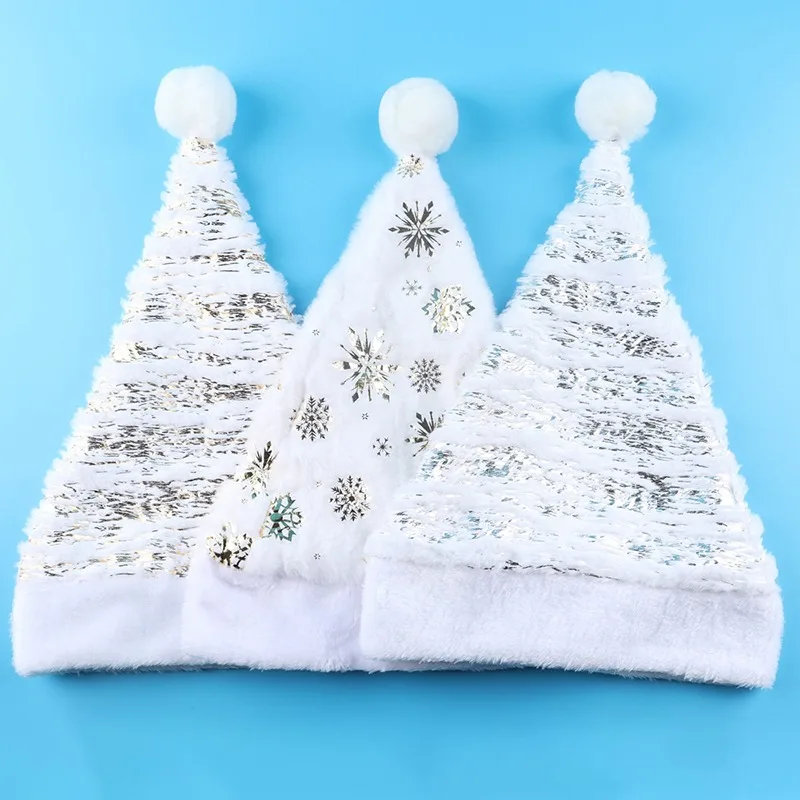 Weiße Plüsch-Weihnachtsmütze, Gold, Silber, Pailletten, Schneeflocke, Weihnachtsmütze, Kappen für Weihnachten, Zuhause, Party, Dekoration, Navidad-Geschenke