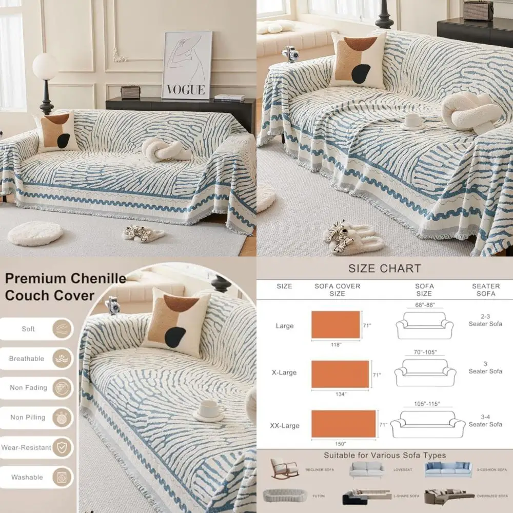 

Thick Striped Chenille Sofa Cover Blue with Tassels, Sectional Sofa Slipcover, Soft Couch Blanket for Large Sofas
