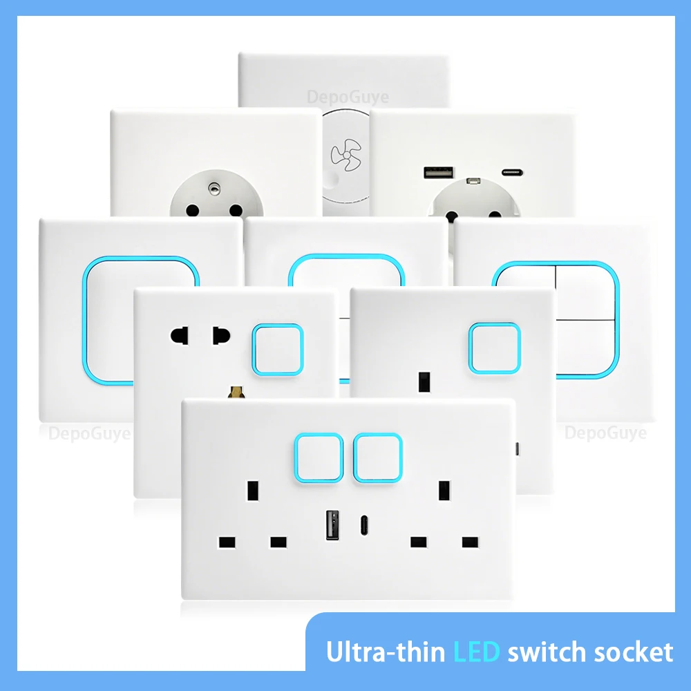 

White 1 2 3 4 Gang Button Light Switch Panel Blue LED Indicator,UK Standard Wall Socket Universal Dual 3Pin USB C Power Outlet