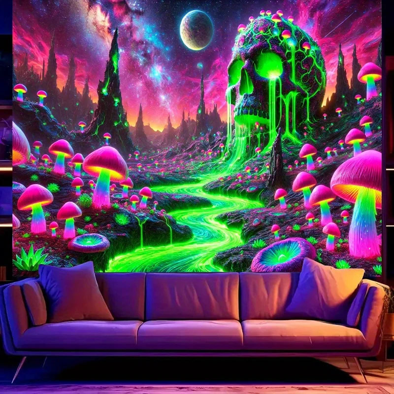 VIKAMA Psychedelic Alien World Tapestry: Green Skulls and Mushroom Forest Fantasy Chic Living Room Backdrop Wall Room Decor