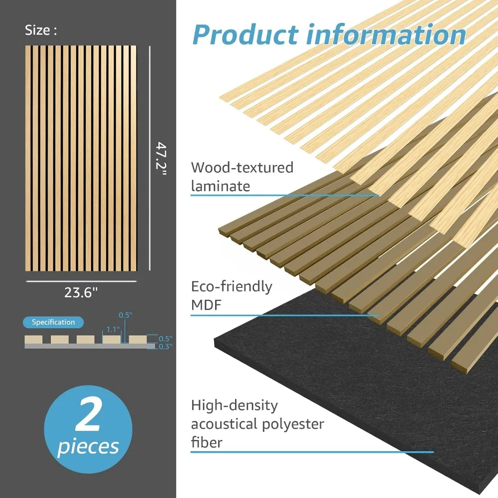 2 Wood Slat Acoustic Panels for Wall and Ceiling - 3D Fluted Sound Absorbing Panel with Oak Finish