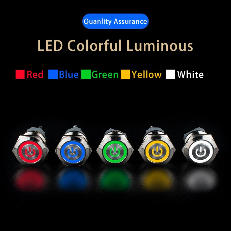 12/16/19/22mm Metal Push Button Switch Flat Round Power Control LED Light Self-lock Reset Momentary 6V 24V 220V Waterproof IP65