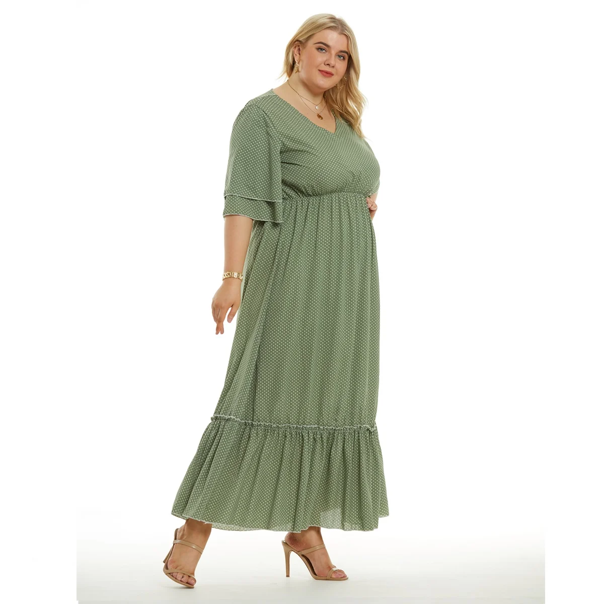 Plus Size New Arrival Fashional V dekolt pół rękawa zielony kolor w stylu Casual, letnia długie sukienki w stylu boho dla dużych kobiet