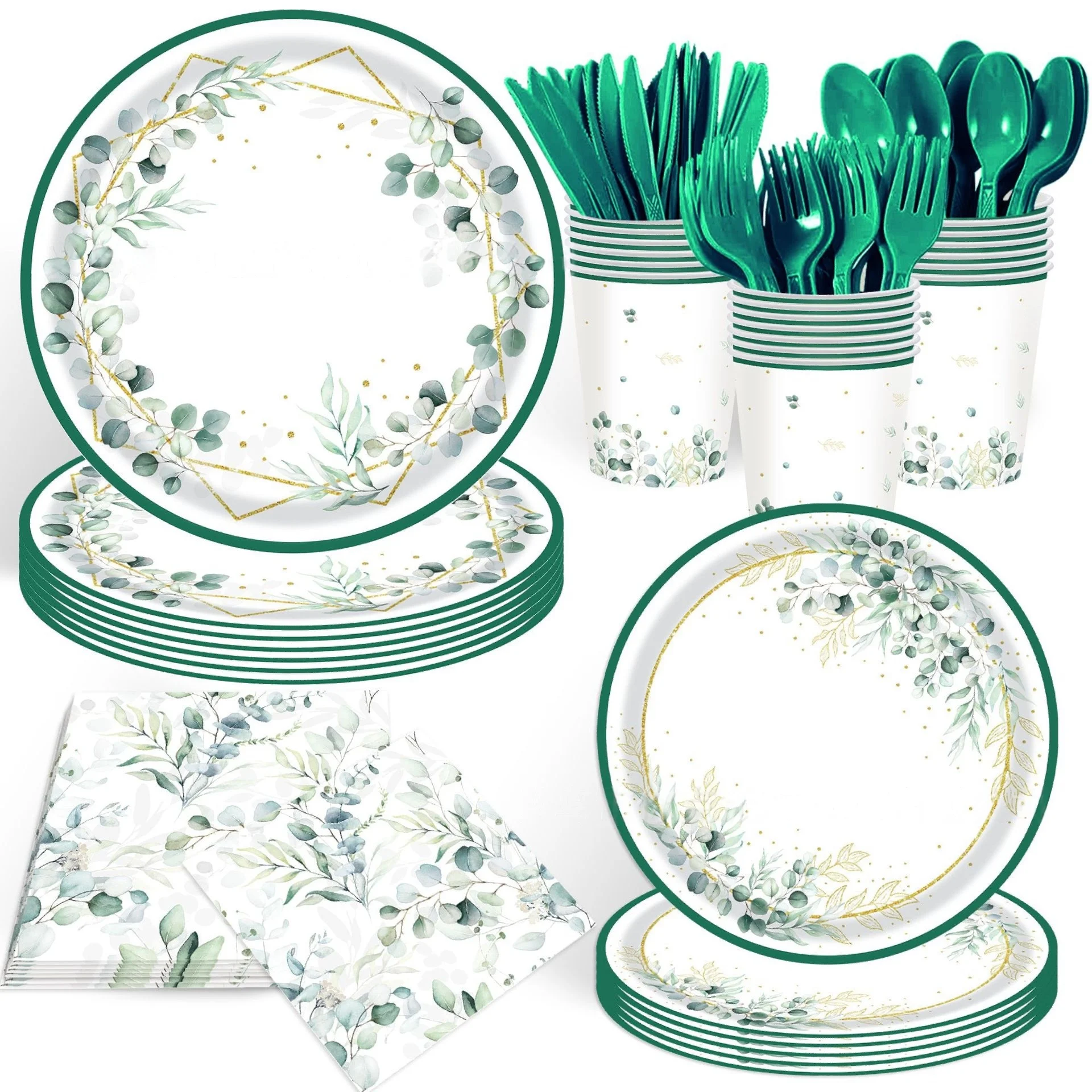 Vajilla desechable de hoja de eucalipto verde, plato de papel, taza, servilleta, pancarta, suministros de decoración para fiesta de feliz cumpleaños para niños y adultos