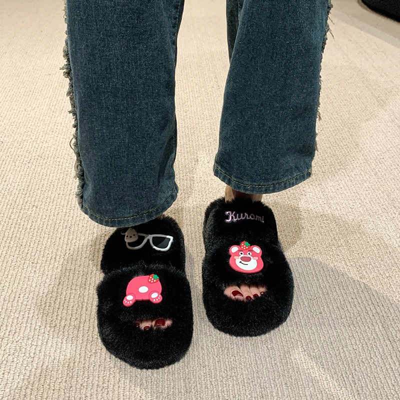 Women Cartoon Lovely Fluffy Slippers Female Wearing Autumn Winter Thick Bottom Shoes Leaky Toe Plush One-piece Women Slippers