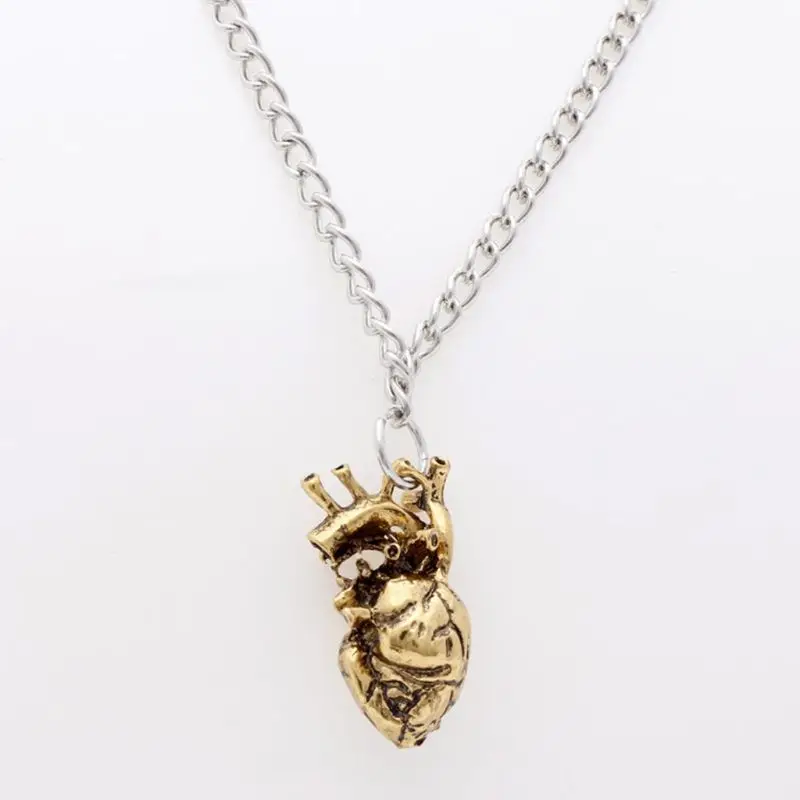 Retro Vintage 3D Anatomical Human Hollow Heart Pendant Necklace Sweater Chain