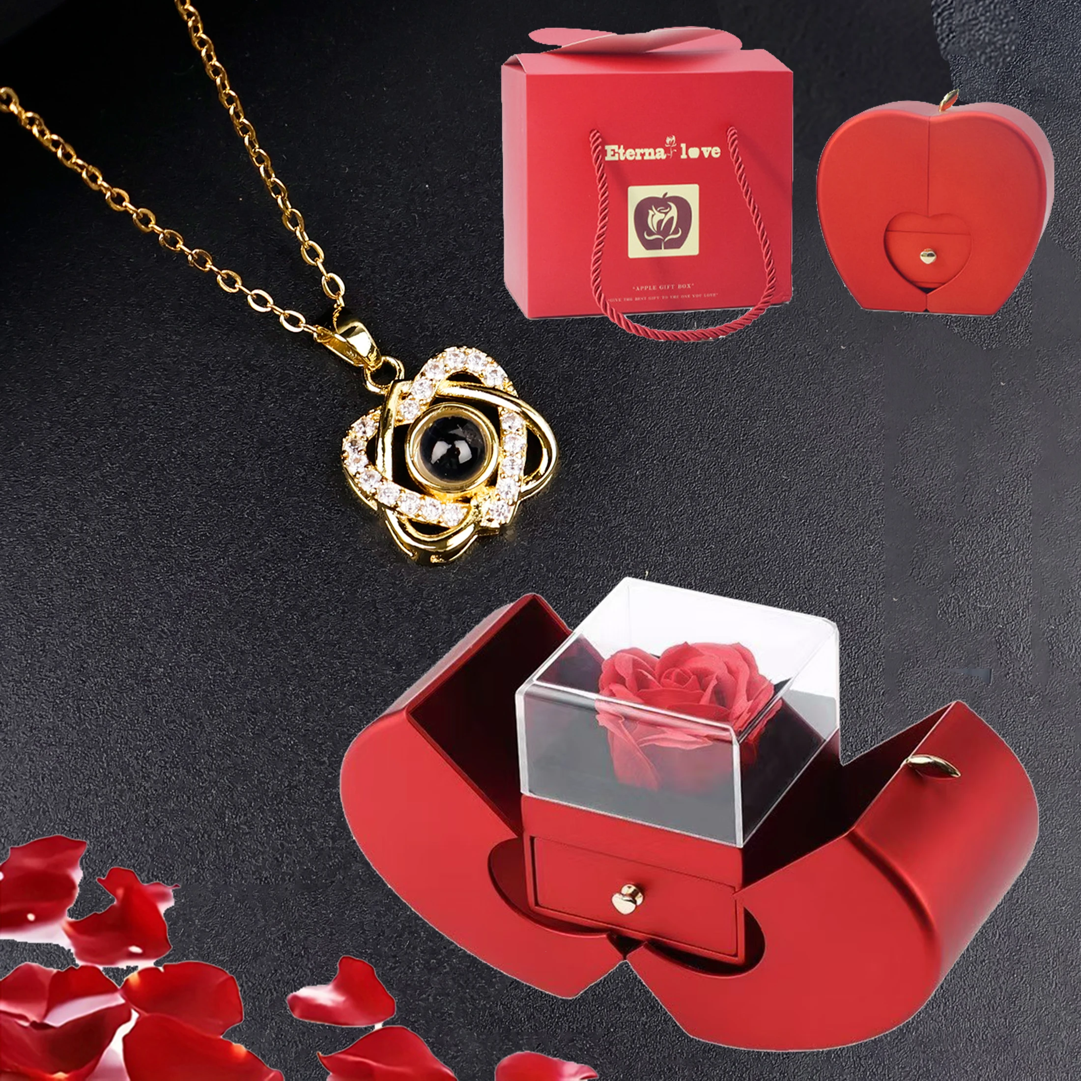 

100-язычные проекционные ожерелья с подвеской «Я люблю тебя» с яблоком, роскошная подарочная коробка с цветком розы для женщин, ювелирные изделия для мамы и жены