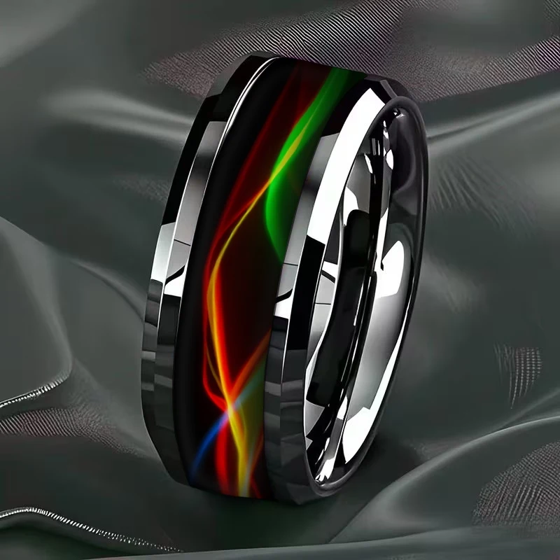 SUNFLOWERZHU Colorful Line Stainless Steel Rings Men High Polished Wedding Band Engagement Jewelry Beveled Stainless Steel Ring