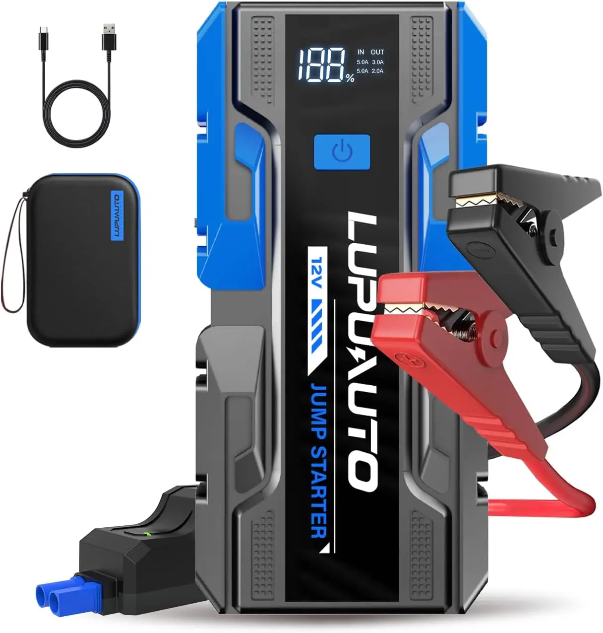 

3000A Jump Starter 12V Portable Battery Charger 6000mAh with LED Light & Smart Clamps for Gas Engines Up to 9.0L
