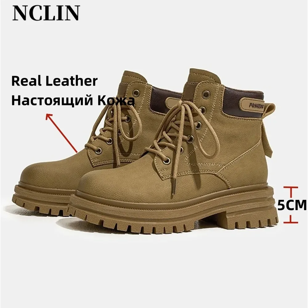 NCLIN Fashion Women Ankle Boots Real Leather Hike Travel Motorcycle Boots Thick Heels Platforms Combat Boots Shoes Woman