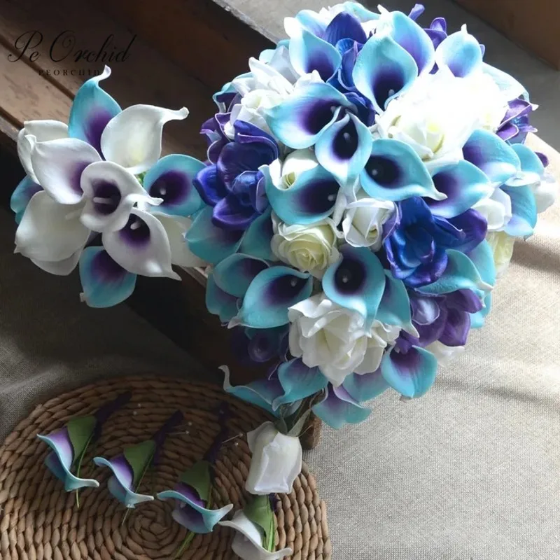 PEORCHID Luxurious Beach Cascade Bridal Bouquet Weddings Flowers Blue Purple Calla Lily Silk Rose Orchids Bridesmaids Bouquet