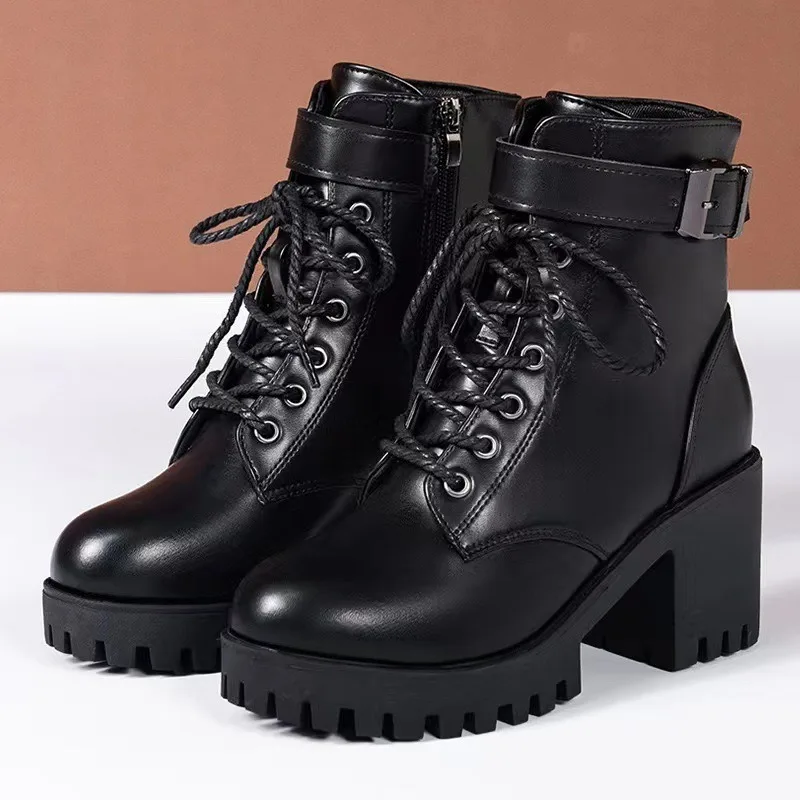 Women Boots Lace-up Ankle Boots Fashion Thick Heel Side Zipper Short Boots Motorcycle Shoes Pu Leather Buckle Strap Women Shoes