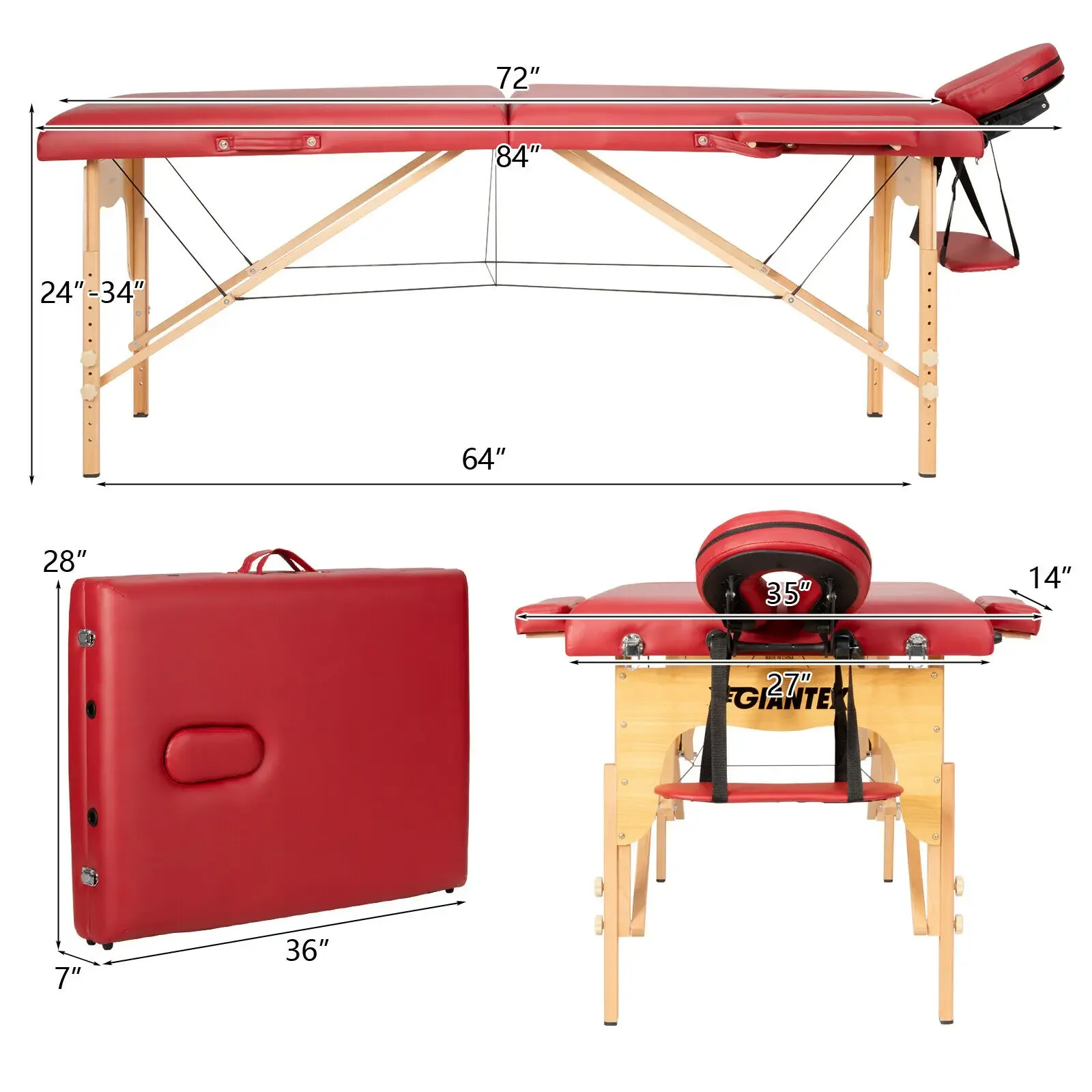 

84"L Portable Massage Table Adjustable Facial Spa Bed Tattoo w/ Carry Case Red