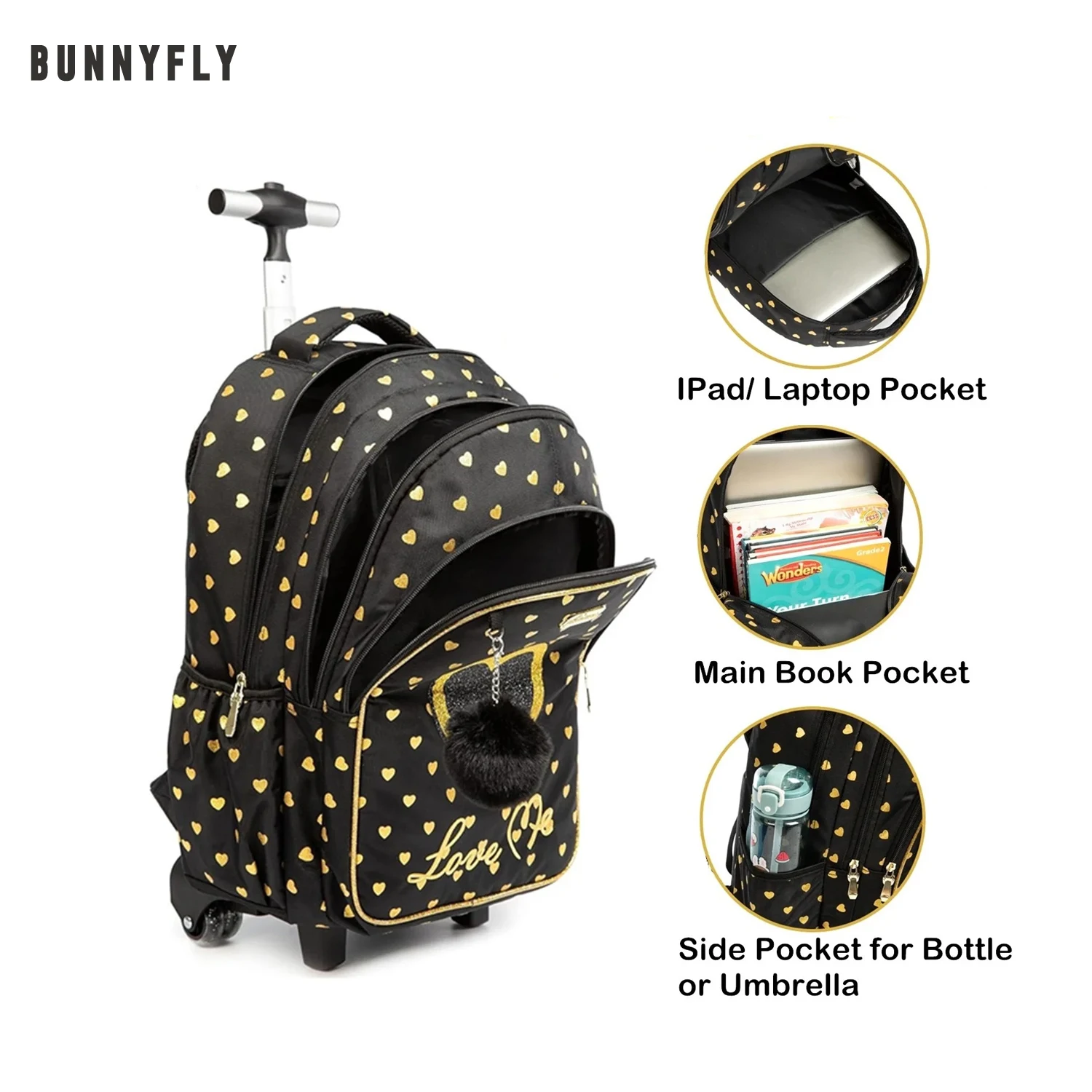 

BunnyFly Kids Rolling Backpack Set with Lunch Box Girls School Trolley Bag Lightweight Wheeled Luggage for Elementary Students