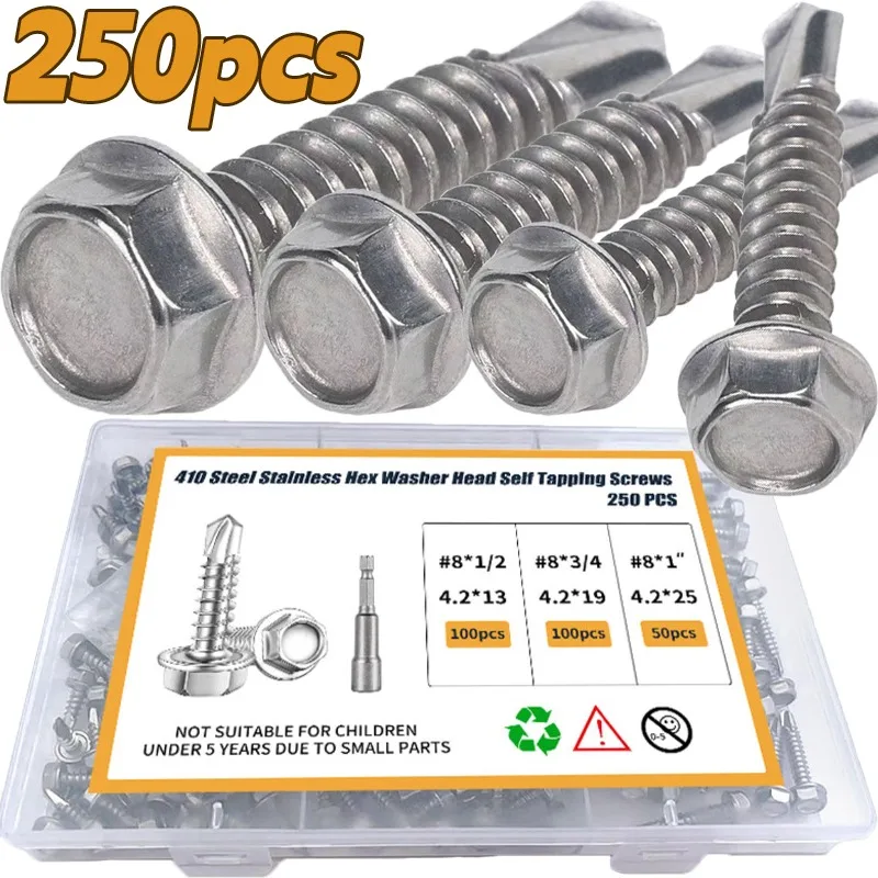 

250pcs Stainless Steel Screw Self-tapping Flat Head Drilling Screws Woodworking High-Strength Hardware Fasteners Assortment Kit