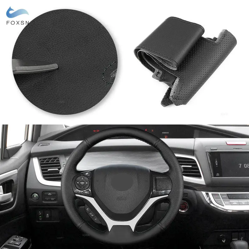 Car Accessories Interior Steering Wheel Cover Perforated Microfiber Leather Trim For Honda Civic 9th 2012 2013 2014 2015 Black