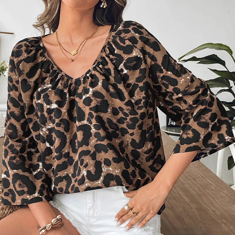 

Summer Loose Leopard Print Blouses For Women 2025 Fashion Half Sleeve V-neck Shirts Pullover Tops Cassual