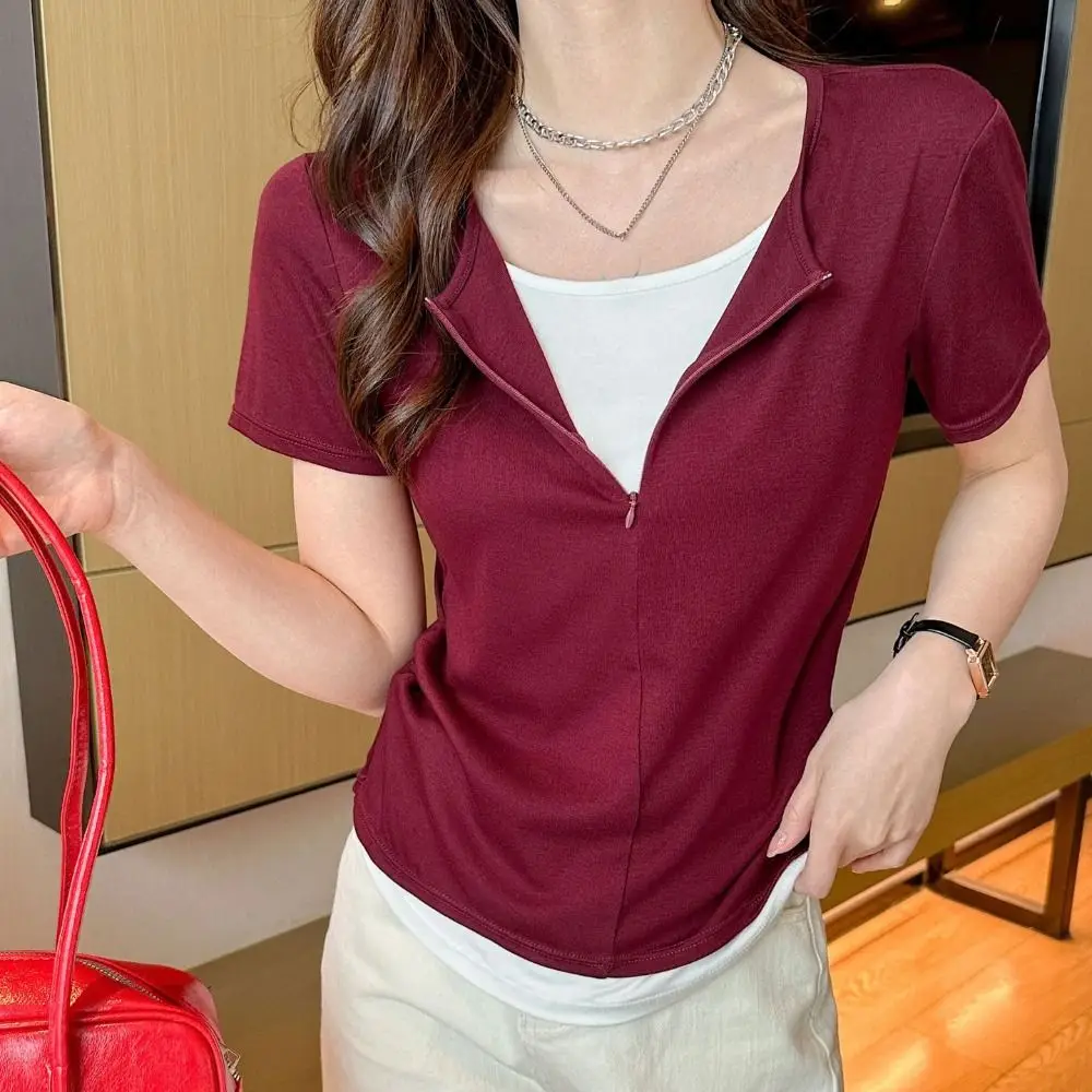 

Cute Y2K Fake Two Pieces Top Patchwork V-neck Slim Crop Top Women Undershirts Chic Short Sleeve T-shirts Girls