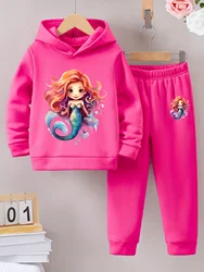 2sets Fashion girls sweet cute casual Autumn/Winter mermaid print warm fleece hoodie and tracksuit pants